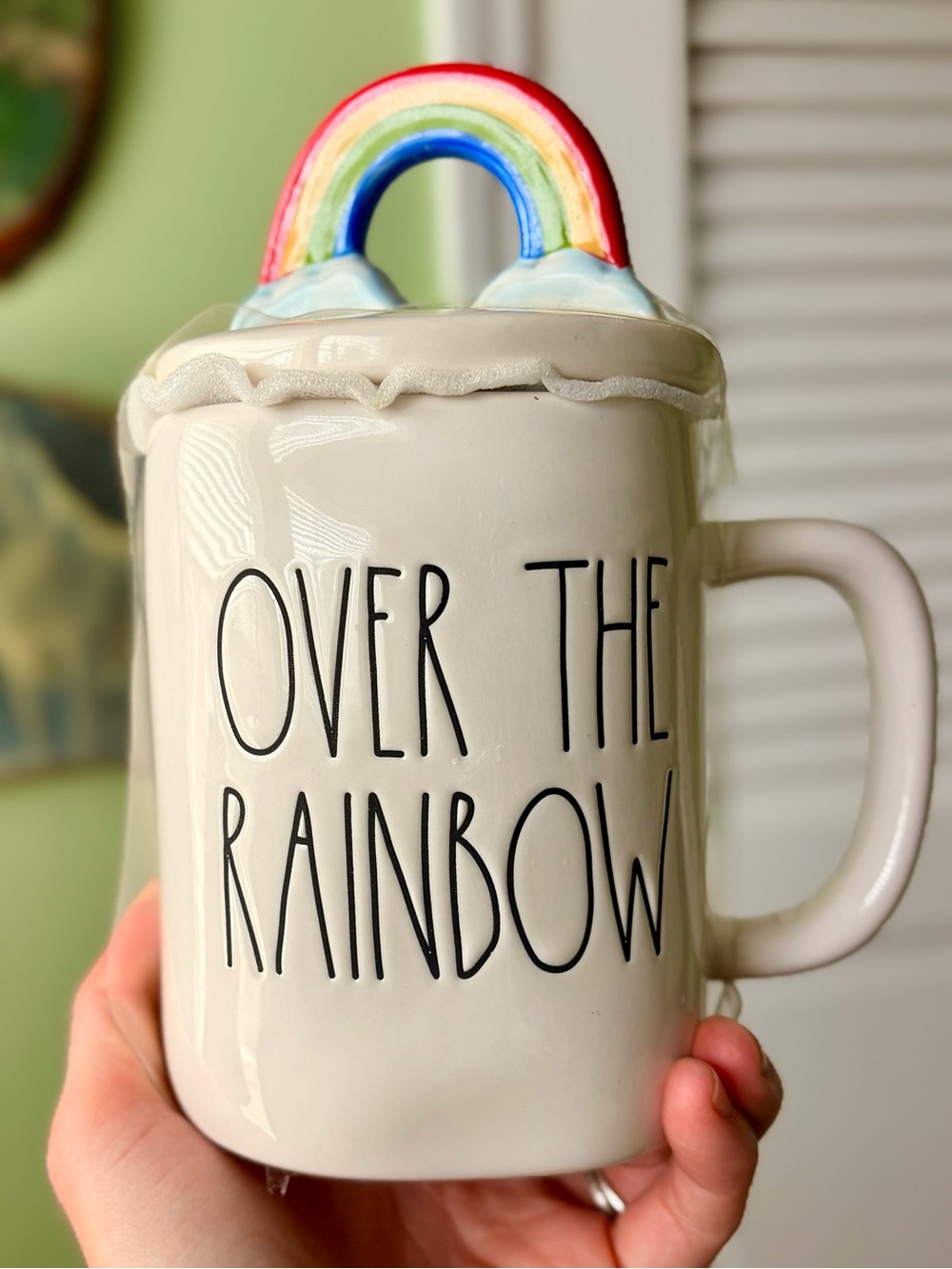 Charming Wizard of Oz Rae Dunn Cream Mug with Rainbow Lid "Over The Rainbow" NEW
